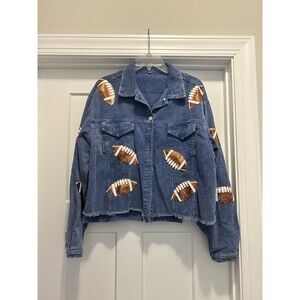 Women’s Blue Size Large Sequin football Game Day corduroy Fringe Jacket Coat